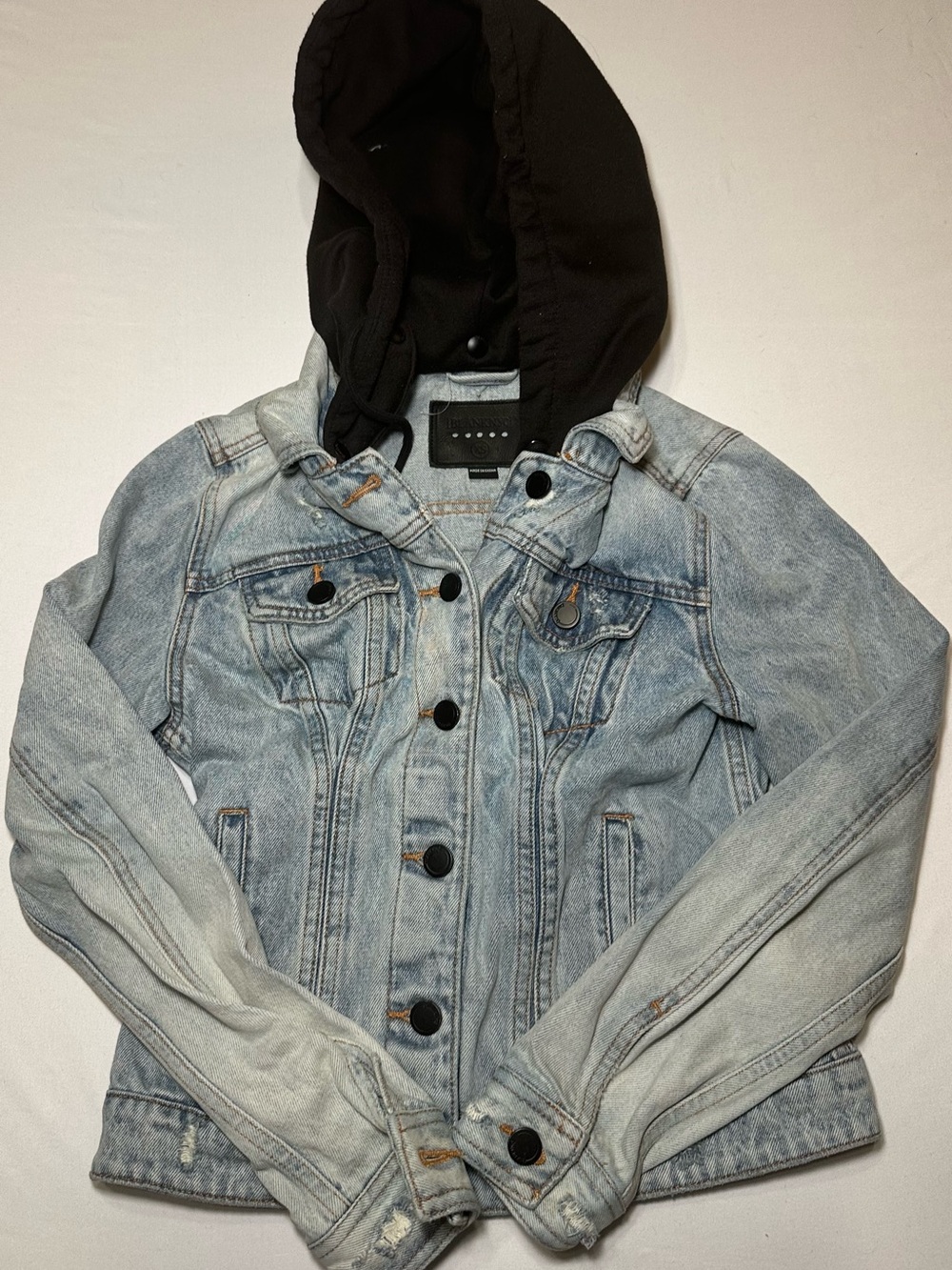 BLANKNYC Casual Encounter Hooded Denim Jacket Light Wash Distressed XS